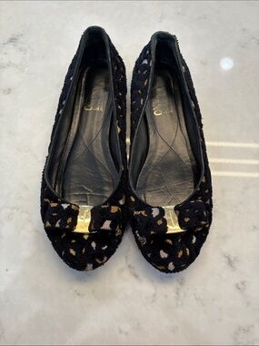 Salvatore Ferragamo Black Patterned Ballet Flats with Gold Accent